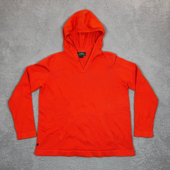 Lauren Ralph Lauren Tops - Lauren Ralph‎ Lauren Womens Orange Cotton Knit V-Neck Hoodie Sweater Size M